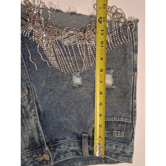 Windsor Rhinestone Fringe Denim Shorts High Waist Distressed Festival Bling M - Picture 5 of 8